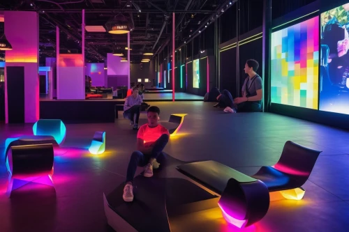 nightclub,music venue,artscience museum,futuristic art museum,colored lights,gymnastics room,creative office,indoor games and sports,play area,fitness room,children's interior,dance club,leisure facility,fitness center,recreation room,neon human resources,game room,ufo interior,art gallery,sound space,Photography,General,Realistic