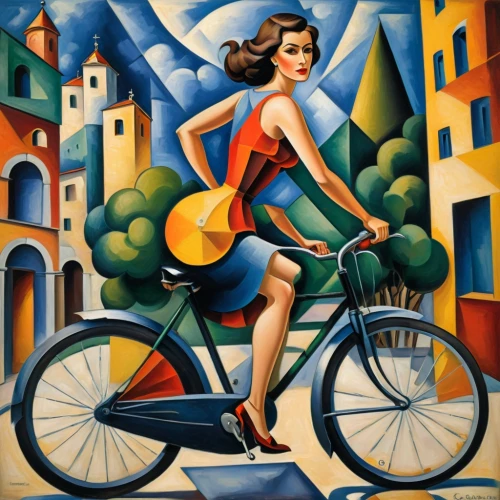 woman bicycle,david bates,girl with a wheel,bicycle,art deco woman,cyclist,artistic cycling,bicycling,italian painter,bicycle ride,bicycles,racing bicycle,bicycle riding,cycling,woman with ice-cream,italian poster,road bicycle,art deco,bicycle racing,travel woman,Art,Artistic Painting,Artistic Painting 35