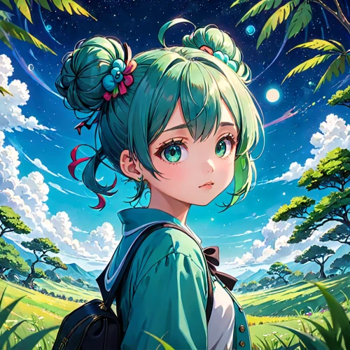 hatsune miku,miku,piko,studio ghibli,emerald,game illustration,forest background,emerald sea,cg artwork,green summer,cyan,gaia,portrait background,watermelon background,girl with tree,sky,wiz,forest clover,spring background,vocaloid,Anime,Anime,Traditional