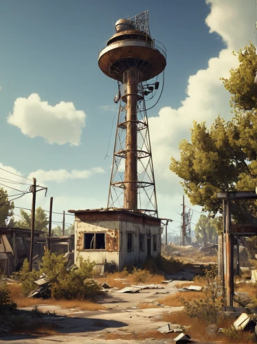 fallout4,watertower,water tower,fallout,wasteland,the needle,fresh fallout,radio tower,lookout tower,water tank,observation tower,antenna tower,communications tower,fallout shelter,bogart village,area 51,cellular tower,atomic age,fire tower,control tower,Illustration,Retro,Retro 06