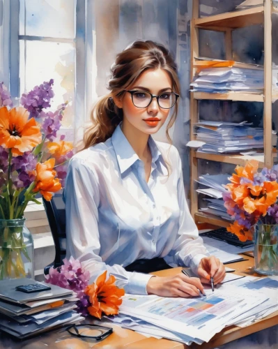 girl studying,reading glasses,librarian,office worker,secretary,girl at the computer,tutor,artist portrait,optician,study,lilacs,in a working environment,girl in flowers,study room,author,receptionist,meticulous painting,art painting,student,portrait of a girl,Conceptual Art,Oil color,Oil Color 03