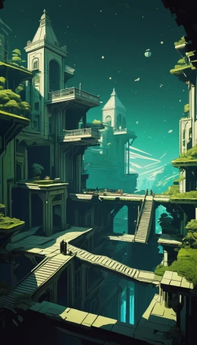 ancient city,bird kingdom,docks,fractal environment,floating islands,fantasy city,futuristic landscape,artificial island,roofs,bastion,monkey island,backgrounds,mushroom island,lostplace,gobelin,roof landscape,development concept,ancient buildings,floating huts,space port,Illustration,Black and White,Black and White 02