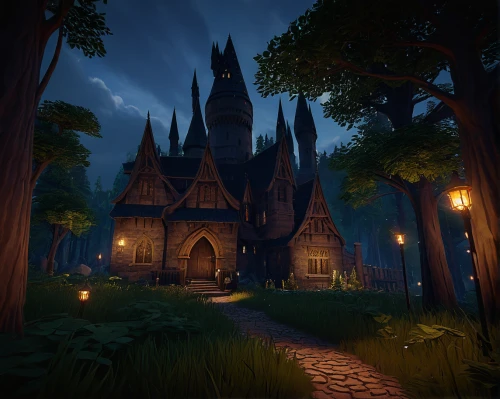 witch's house,fairy tale castle,house in the forest,devilwood,witch house,dandelion hall,haunted cathedral,fairytale castle,hogwarts,myst,castle of the corvin,gothic architecture,house silhouette,fairytale,druid grove,fairy tale,enchanted forest,fairytale forest,enchanted,light of night,Art,Artistic Painting,Artistic Painting 36