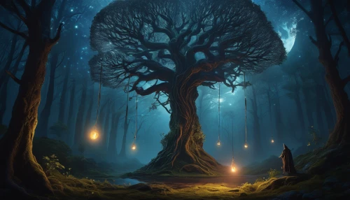 magic tree,enchanted forest,fairy forest,elven forest,forest of dreams,fantasy picture,forest tree,fantasy landscape,haunted forest,mushroom landscape,fantasy art,fairytale forest,druid grove,holy forest,the forest,forest background,forest dark,forest landscape,tree grove,celtic tree,Illustration,Realistic Fantasy,Realistic Fantasy 17