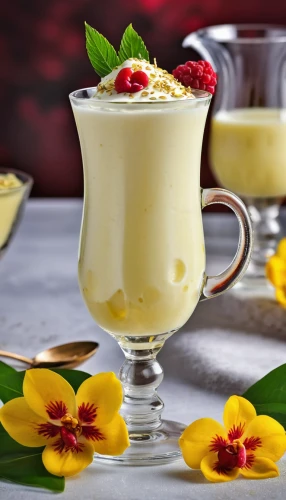 passion fruit daiquiri,mango pudding,zabaione,advocaat,white chocolate mousse,piña colada,sheer khurma,crème anglaise,passion fruit juice,vanilla pudding,syllabub,coconut custard,lassi,colada morada,sweetened condensed milk,avgolemono,rice pudding,kheer,pannacotta,halo-halo,Photography,General,Realistic