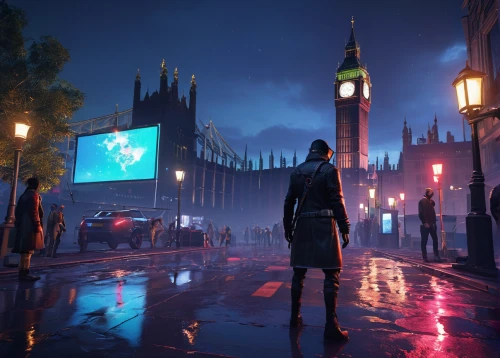 blue rain,mary poppins,city at night,night scene,evening city,evening atmosphere,dusk,blue hour,atmosphere,cyberpunk,atmospheric,walking in the rain,lamplighter,the park at night,transistor,night watch,city lights,city corner,game art,fantasy city,Conceptual Art,Daily,Daily 10