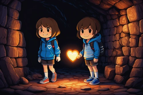 adventure game,action-adventure game,hiyayakko,little boy and girl,cute cartoon image,chasm,blue cave,the blue caves,game illustration,cave tour,girl and boy outdoor,blue caves,magical adventure,villagers,parallel world,studio ghibli,boy and girl,hold hands,hollow way,kids illustration,Conceptual Art,Fantasy,Fantasy 30