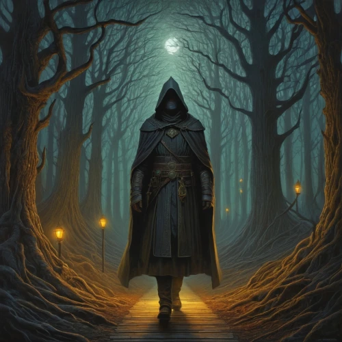 hooded man,the wanderer,pall-bearer,cloak,hooded,pilgrimage,wanderer,sci fiction illustration,the path,pilgrim,mystery book cover,hollow way,game illustration,assassin,hall of the fallen,forest man,grimm reaper,the mystical path,vigilant,cg artwork,Illustration,Realistic Fantasy,Realistic Fantasy 44