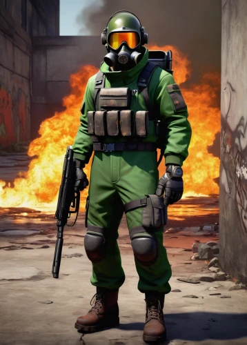 fuze,combat medic,gas grenade,firefighter,hazmat suit,smoke background,fire fighter,ppe,eod,medic,ground fire,cargo pants,ballistic vest,grenade,respirator,pubg mascot,explosive,patrol,detonation,steel helmet,Conceptual Art,Sci-Fi,Sci-Fi 08