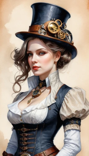 victorian lady,steampunk,steampunk gears,victorian style,victorian fashion,the sea maid,the victorian era,victorian,the hat-female,the hat of the woman,fantasy portrait,aristocrat,game illustration,sterntaler,hatter,venetia,stovepipe hat,overskirt,ringmaster,virginia sweetspire,Illustration,Paper based,Paper Based 24