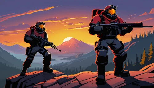 guards of the canyon,mountaineers,game illustration,patrols,mountain rescue,game art,shooter game,forest workers,pathfinders,storm troops,dusk background,mountain guide,background image,mountain sunrise,pixel art,couple silhouette,cg artwork,hikers,mercenary,sci fiction illustration,Illustration,Black and White,Black and White 02