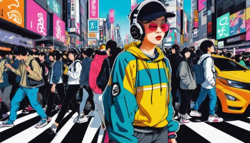 shibuya crossing,world digital painting,anime japanese clothing,pedestrian,anime 3d,walkman,anime cartoon,virtual world,colorful city,pedestrians,a pedestrian,city youth,shibuya,crosswalk,tokyo,harajuku,tokyo ¡¡,shinjuku,tokyo city,street scene,Illustration,American Style,American Style 06