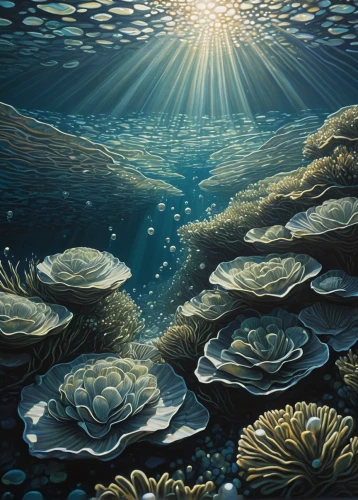 underwater landscape,coral reefs,coral reef,ocean floor,aquatic plants,water lilies,sea jellies,underwater background,seabed,ocean underwater,sea-life,water lotus,undersea,seamount,shallows,white water lilies,stony coral,tide pool,shoal,underwater oasis,Illustration,Black and White,Black and White 12