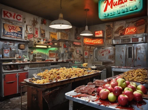 hot dog stand,fried food,butcher shop,meat counter,chicago-style hot dog,coney island hot dog,friterie,kitchenette,meat analogue,american food,fast food restaurant,kitchen shop,belgian fries,meat products,retro diner,knife kitchen,fried potatoes,cuisine of madrid,new york restaurant,soda fountain,Conceptual Art,Graffiti Art,Graffiti Art 08