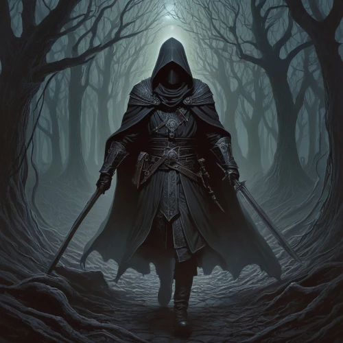 hooded man,grimm reaper,grim reaper,the wanderer,cloak,assassin,undead warlock,pall-bearer,lone warrior,scythe,hooded,reaper,dark art,dark elf,heroic fantasy,dance of death,dodge warlock,cg artwork,swordsman,game illustration,Illustration,Realistic Fantasy,Realistic Fantasy 44