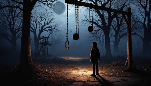 hanged,hanged man,hanging swing,empty swing,hanging moon,hanging lantern,gallows,tree with swing,tree swing,marionette,wooden swing,lynching,slender,noose,hangman,strung up,hung up,halloween poster,wind bell,wind chimes,Conceptual Art,Daily,Daily 34