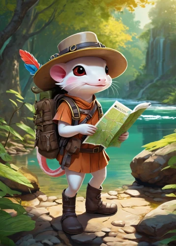 adventurer,explorer,mountain guide,goki,fishing classes,park ranger,fly fishing,traveler,scholar,treasure hunt,go fishing,game illustration,yo-kai,raft guide,lake tanuki,hiker,art bard,adventure,fishing float,wander,Conceptual Art,Fantasy,Fantasy 23