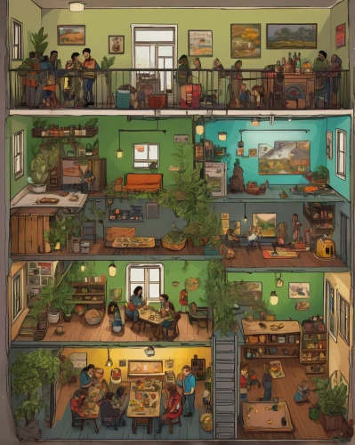 an apartment,shared apartment,studio ghibli,apartment house,apartment,fallout shelter,classroom,the coffee shop,boy's room picture,house plants,kids room,the kitchen,children's room,retirement home,coffee shop,apartments,study room,kindergarten,school design,cat's cafe,Illustration,Black and White,Black and White 02