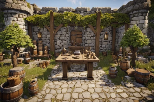 tavern,wine tavern,wine-growing area,castle iron market,apothecary,wine bar,wishing well,wine barrel,castle vineyard,winery,brewery,wine cellar,drinking establishment,collected game assets,beer garden,winegrowing,wine growing,wine barrels,stone oven,medieval market,Conceptual Art,Oil color,Oil Color 15