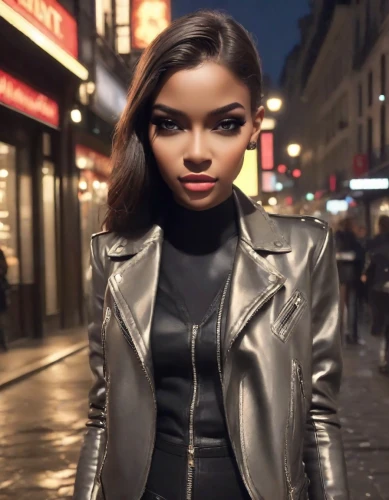 leather jacket,fashion street,black and tan,boulevard,black leather,paris shops,bolero jacket,leather,on the street,young model istanbul,female model,black coat,ash leigh,photo session at night,jacket,paris,city ​​portrait,eurasian,outerwear,silk,Photography,Commercial