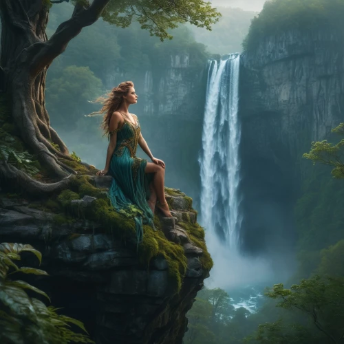 fantasy picture,world digital painting,bridal veil fall,fantasy landscape,fantasy art,mystical portrait of a girl,fantasy portrait,green waterfall,waterfall,celtic woman,mother nature,woman at the well,wasserfall,idyll,faery,waterfalls,mother earth,rapunzel,dryad,faerie,Photography,General,Fantasy