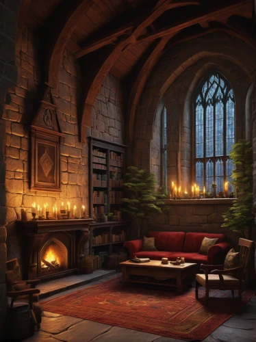 fireplace,hogwarts,christmas fireplace,fireplaces,fire place,warm and cozy,fireside,reading room,bookshelves,christmas room,dandelion hall,study room,warmth,sitting room,yule log,hearth,log fire,medieval architecture,living room,wooden beams,Conceptual Art,Oil color,Oil Color 13