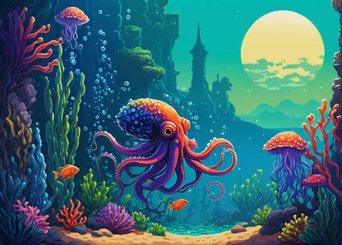 under sea,under the sea,deep sea,undersea,sea-life,fun octopus,cephalopod,underwater background,deep sea nautilus,aquarium,ocean floor,coral reef,octopus,cephalopods,underwater landscape,sea creatures,nautilus,calamari,the bottom of the sea,exploration of the sea,Art,Artistic Painting,Artistic Painting 05