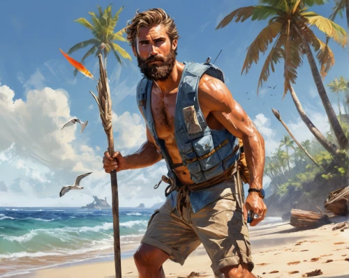 beach background,adventurer,the beach fixing,cuba background,man at the sea,fisherman,poseidon,south pacific,deserted island,world digital painting,the wanderer,version john the fisherman,coconuts on the beach,holding a coconut,mountain guide,monopod fisherman,pirate,game art,male poses for drawing,castaway beach,Conceptual Art,Oil color,Oil Color 10