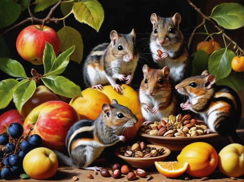 almond meal,squirrels,nuts & seeds,chinese tree chipmunks,small animal food,collecting nut fruit,woodland animals,basket of fruit,antelope squirrels,sciurus,whimsical animals,fall animals,sciurus carolinensis,still-life,cashew family,almond nuts,acorns,oil painting on canvas,autumn fruits,mixed nuts,Art,Classical Oil Painting,Classical Oil Painting 05