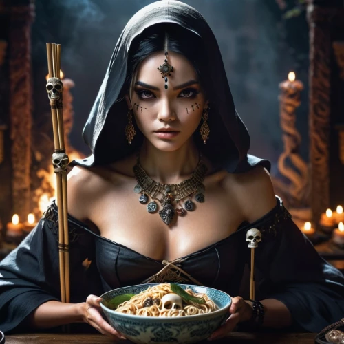 priestess,basmati,sorceress,seven sorrows,indian cuisine,freekeh,the enchantress,queen of puddings,cholent,jaya,indian food,cleopatra,feast noodles,indian chinese cuisine,dark mood food,orientalism,middle-eastern meal,holy supper,maharashtrian cuisine,indian woman,Photography,General,Cinematic