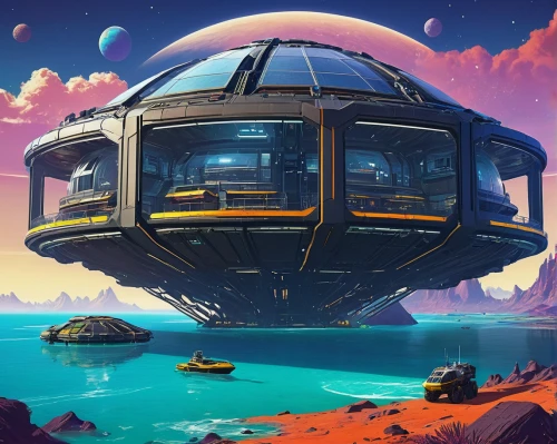 futuristic landscape,sky space concept,floating islands,gas planet,floating island,airships,scifi,planet eart,colony,hub,floating huts,spacescraft,terraforming,flying island,airship,artificial island,sky apartment,sci fiction illustration,cube stilt houses,cube sea,Conceptual Art,Sci-Fi,Sci-Fi 08