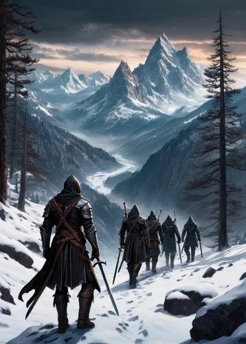 guards of the canyon,witcher,heroic fantasy,northrend,massively multiplayer online role-playing game,skyrim,fantasy picture,thermokarst,vikings,mountaineers,dwarves,norse,nomads,games of light,game art,northern longear,fantasy art,carpathian,mountain guide,alpine crossing,Illustration,Realistic Fantasy,Realistic Fantasy 46