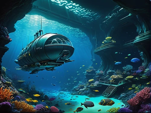 underwater playground,undersea,under sea,deep sea,marine tank,submersible,underwater background,deep sea diving,underwater world,underwater landscape,under the sea,reef tank,deep sea nautilus,sea life underwater,ocean underwater,aquarium,underwater diving,the bottom of the sea,bottom of the sea,ocean floor,Illustration,Realistic Fantasy,Realistic Fantasy 44