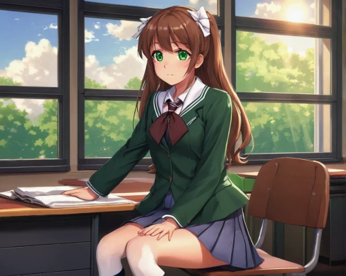 sitting on a chair,sitting,desk,wooden desk,mc,school desk,classroom,sit,wiz,bulli,erika,girl studying,classroom training,girl sitting,tutor,green background,bun,secretary,mikuru asahina,office desk,Illustration,Realistic Fantasy,Realistic Fantasy 22