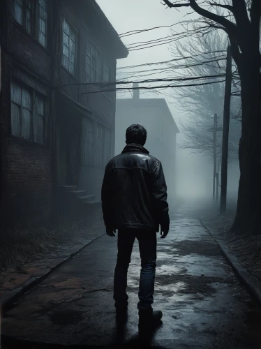 the fog,foggy,game illustration,game art,blind alley,dense fog,fog,eerie,ghost town,sci fiction illustration,foggy day,world digital painting,black city,digital compositing,old linden alley,walking man,fallout4,action-adventure game,north american fog,atmospheric,Conceptual Art,Daily,Daily 32