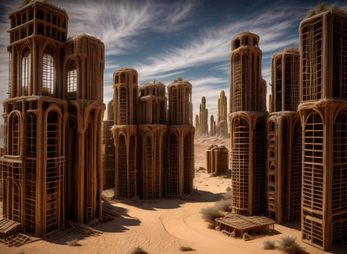 ancient city,futuristic landscape,fantasy city,metropolis,futuristic architecture,skyscraper town,high rises,urban towers,city blocks,mandelbulb,skyscapers,destroyed city,cube stilt houses,high-rises,apartment blocks,skyscrapers,urban development,elphi,dubai,urbanization