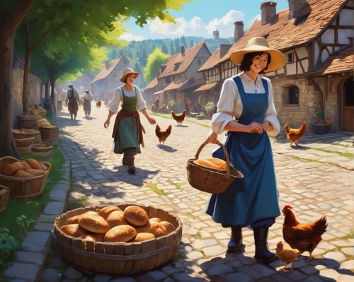 girl with bread-and-butter,breadbasket,medieval market,bakery,medieval street,girl picking apples,harvest festival,pilgrims,village life,merchant,bremen town musicians,peddler,france,mirabelles,cobblestone,french digital background,marketplace,farmer's market,the cobbled streets,alsace,Conceptual Art,Fantasy,Fantasy 19