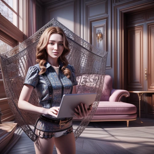 girl at the computer,digital compositing,agent provocateur,girl studying,queen cage,cg artwork,fallout4,librarian,retro girl,retro woman,french digital background,sci fiction illustration,cleaning woman,housekeeping,housework,louis vuitton,secretary,wonder woman city,housekeeper,retro women