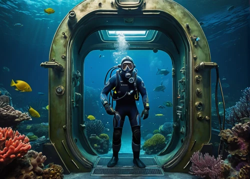 scuba,aquanaut,divemaster,scuba diving,marine tank,underwater background,deep sea diving,undersea,under sea,underwater diving,diving bell,under the water,the bottom of the sea,bottom of the sea,freediving,under the sea,reef tank,aquarium,submersible,marine biology,Conceptual Art,Sci-Fi,Sci-Fi 12