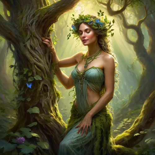 dryad,faerie,faery,fae,girl with tree,elven flower,fantasy portrait,the enchantress,fairy queen,fantasy picture,linden blossom,rosa 'the fairy,fantasy art,elven forest,flora,girl in a wreath,druid,poison ivy,rusalka,elven,Conceptual Art,Oil color,Oil Color 22