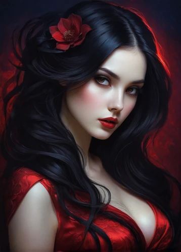 red rose,red petals,red roses,fantasy portrait,vampire woman,lady in red,vampire lady,queen of hearts,romantic portrait,fantasy art,red flower,red magnolia,red gown,gothic portrait,mystical portrait of a girl,bleeding heart,fire red eyes,widow flower,red riding hood,red background,Illustration,Realistic Fantasy,Realistic Fantasy 15