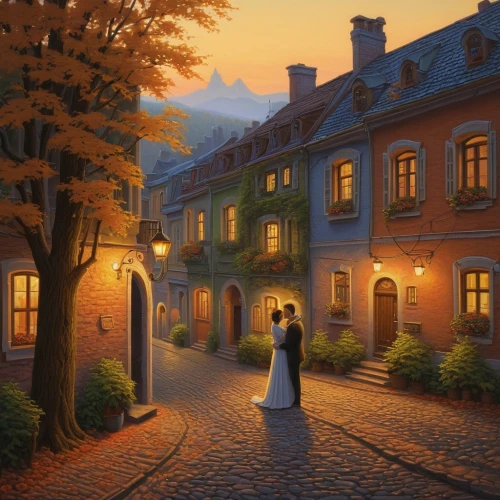 the cobbled streets,cobblestones,evening atmosphere,cobblestone,romantic scene,alsace,in the evening,germany,medieval street,street scene,night scene,poland,bremen town musicians,fantasy picture,bremen,old town,early evening,art painting,summer evening,belgium,Illustration,Realistic Fantasy,Realistic Fantasy 27