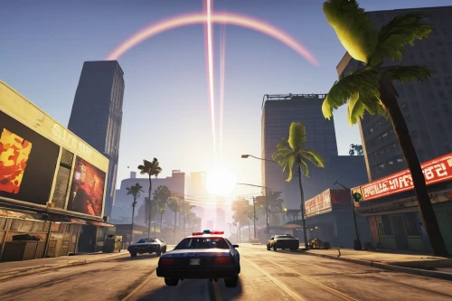sunburst background,classic car and palm trees,screenshot,miami,street canyon,palms,lens flare,two palms,cuba background,los angeles,graphics,city highway,vanishing point,car hop,hollywood,light streak,searchlights,street racing,shooter game,drive,Illustration,Vector,Vector 20