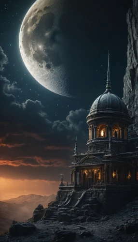 hagia sofia,lunar landscape,rock-mosque,fantasy picture,observatory,fantasy landscape,moonlit night,greek temple,planetarium,ancient house,ramadan background,moon and star background,stone palace,ancient city,somtum,temple of poseidon,petra,the ancient world,artemis temple,astronomy,Photography,General,Fantasy