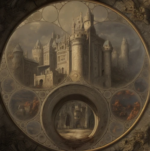 castle of the corvin,wall plate,fairy tale castle,decorative plate,medieval hourglass,heroic fantasy,fairy tale icons,fantasy art,hall of the fallen,middle ages,art nouveau frame,medieval architecture,prejmer,knight's castle,portal,fantasy landscape,the threshold of the house,round window,castleguard,medieval,Conceptual Art,Fantasy,Fantasy 01
