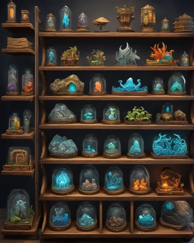 collected game assets,aquarium decor,shelves,apothecary,aquariums,glass items,treasure house,inventory,snowglobes,display case,the shelf,trinkets,shelving,cabinets,potions,aquarium,reef tank,snow globes,treasure chest,terrarium,Illustration,Realistic Fantasy,Realistic Fantasy 40