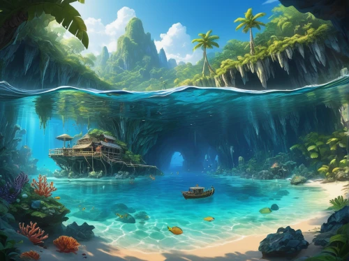 underwater oasis,underwater landscape,tropical sea,underwater background,ocean paradise,cartoon video game background,tropical island,fantasy landscape,lagoon,underwater playground,an island far away landscape,tropical jungle,cave on the water,ocean floor,tropical fish,sea cave,coral reef,mermaid background,ocean background,sub-tropical,Conceptual Art,Oil color,Oil Color 03