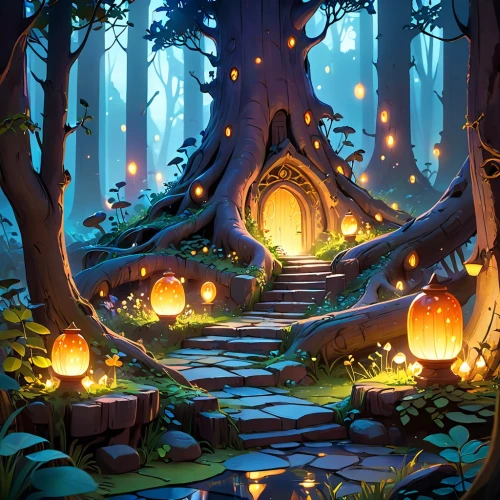 halloween wallpaper,fairy village,witch's house,halloween background,fairy forest,druid grove,elven forest,haunted forest,house in the forest,enchanted forest,fairy house,fairytale forest,cartoon forest,halloween scene,fantasy landscape,halloween illustration,forest glade,the forest,fantasy picture,forest path,Anime,Anime,Cartoon