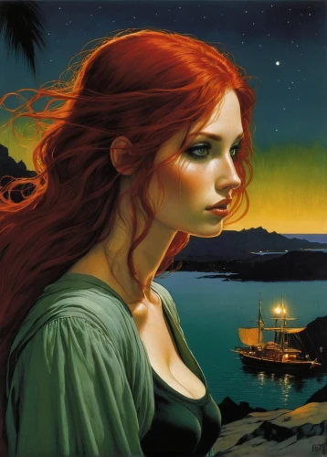rusalka,girl on the boat,girl on the river,firestar,ariel,scarlet sail,the sea maid,fantasy picture,red-haired,redheads,celtic queen,el mar,siren,fantasy portrait,fantasy art,the night of kupala,the shallow sea,sea night,catarina,red head,Illustration,Realistic Fantasy,Realistic Fantasy 06