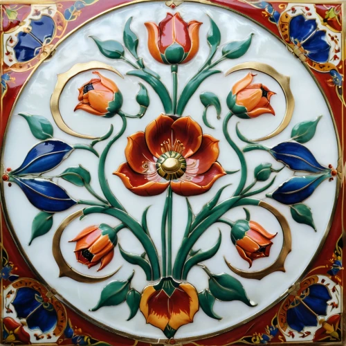decorative plate,floral ornament,spanish tile,wall plate,ceramic tile,water lily plate,dharma wheel,circular ornament,almond tiles,floral rangoli,enamelled,clay tile,wall panel,rangoli,tile,ceramic hob,mandala,flowers mandalas,decorative fan,polychrome,Photography,General,Cinematic